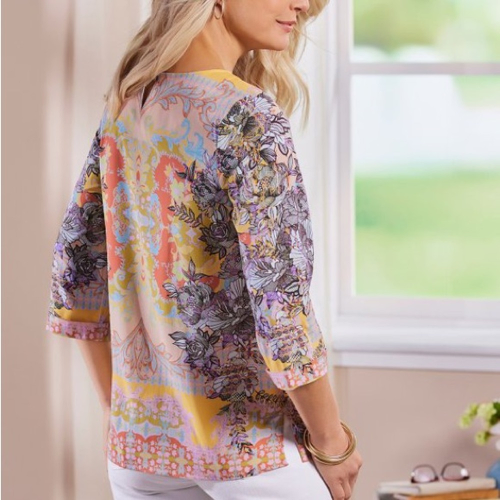 Soft Surroundings Westo Top Blouse Shirt Patterned Silky *835
